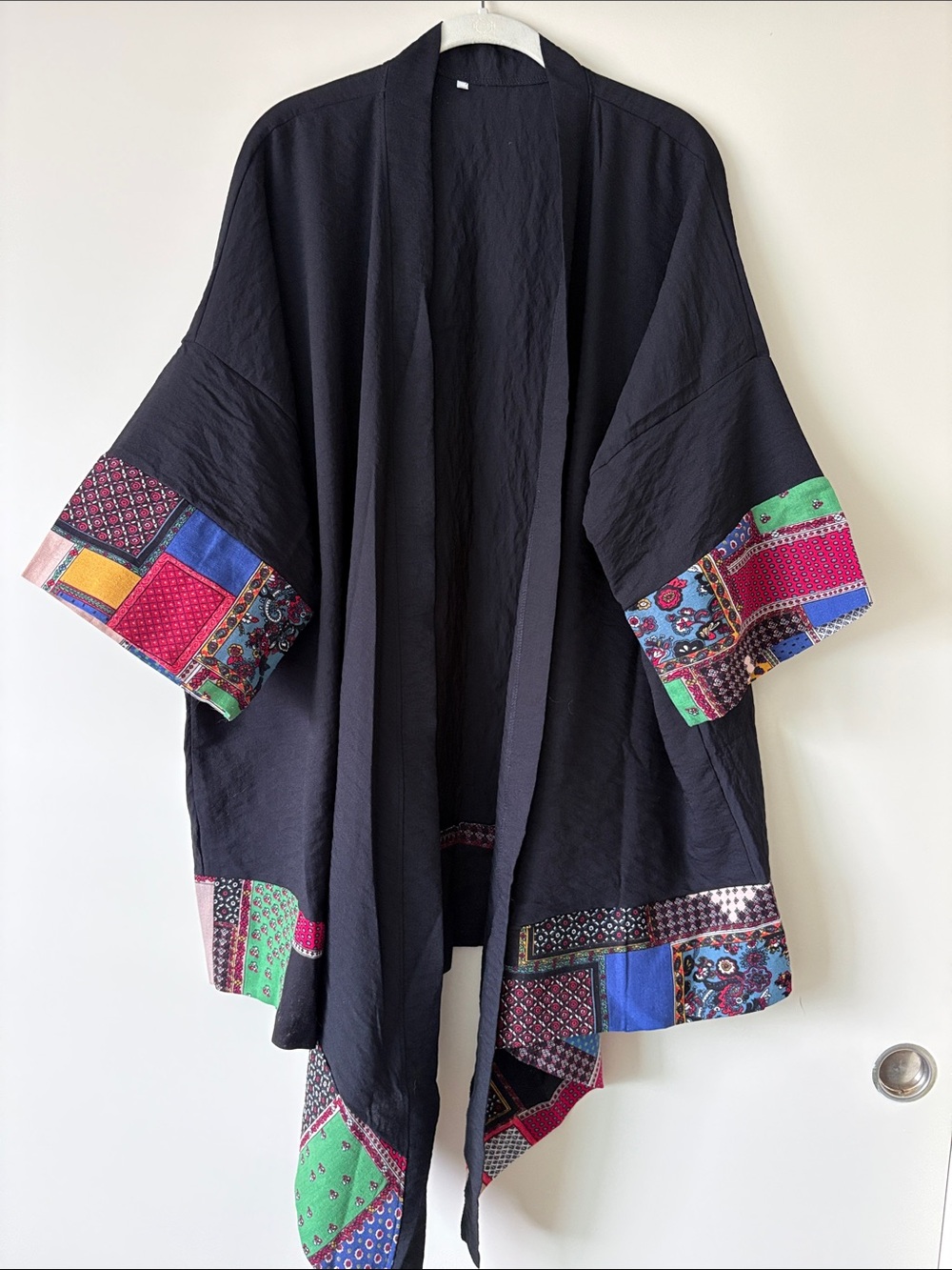 Amazon Black Open-Front Kimono Jacket with Multicolor Patch Trim